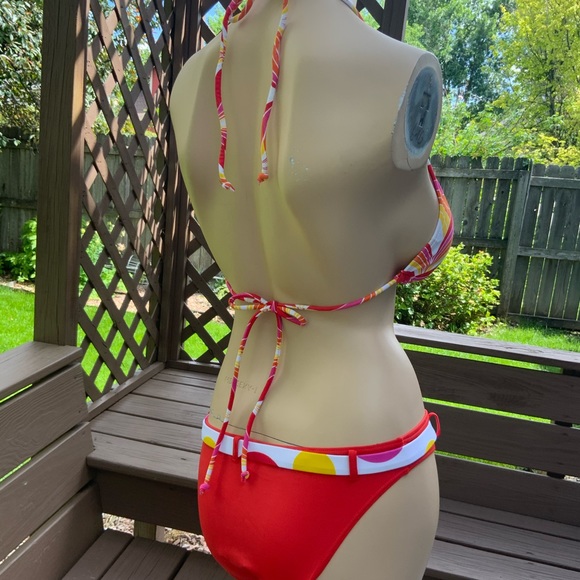 Hula Honey Women’s Swimsuit Bikini Set Pink Orange Belted Hipster L JRS Nwt - Picture 2 of 3